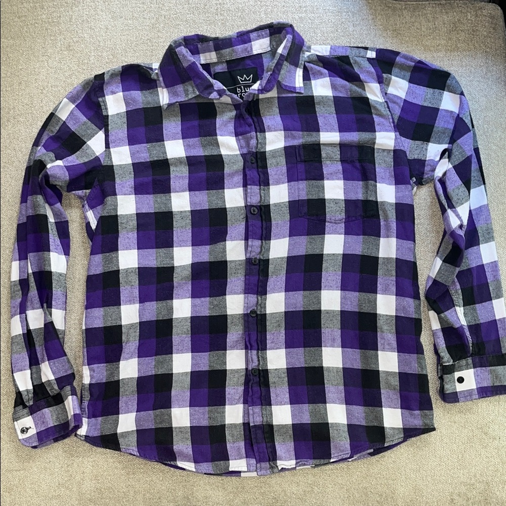 Men's Purple and Black Plaid Button Down Shirt XL